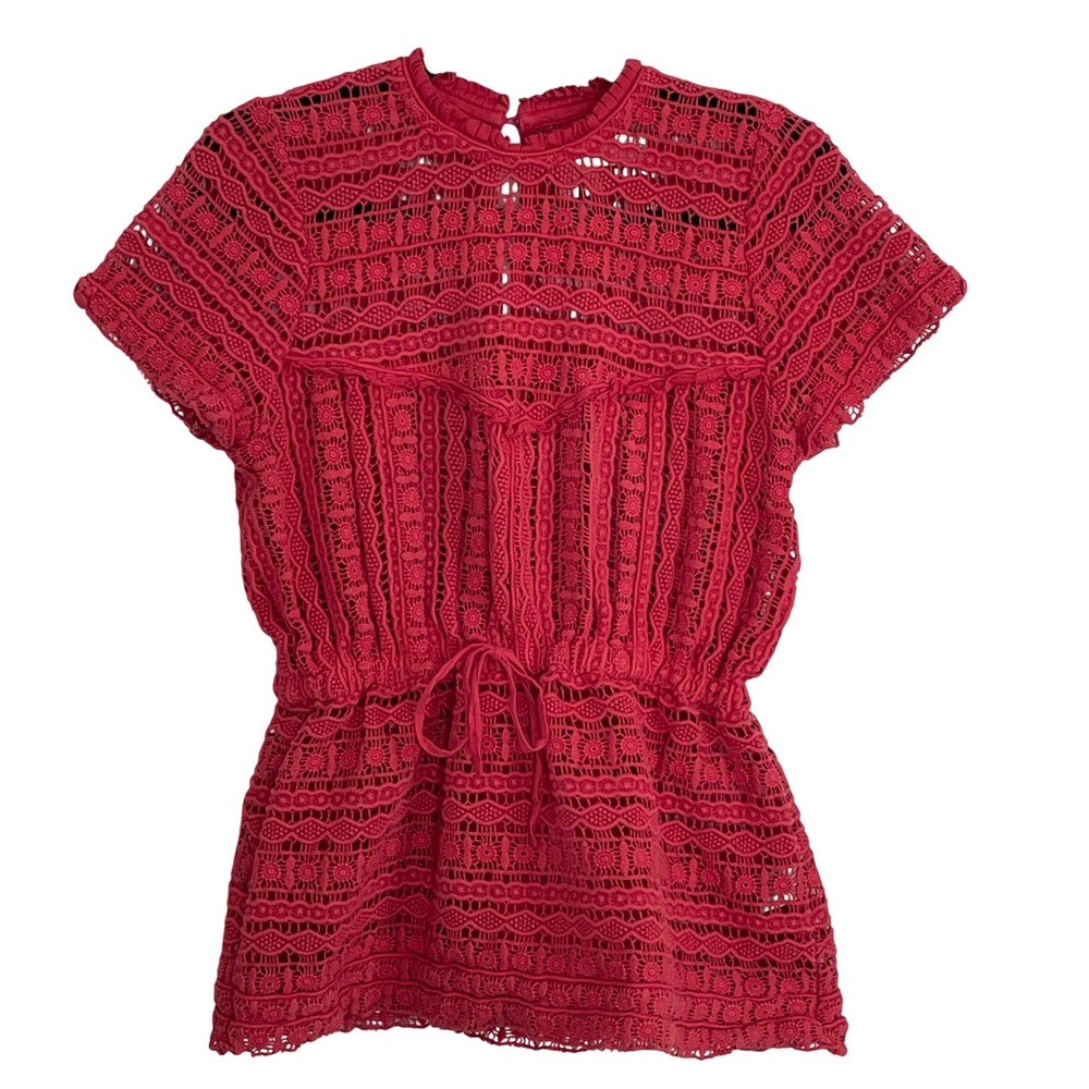 CAROLINA K Red Crochet Lace Drawstring Peplum Top Women's Size M